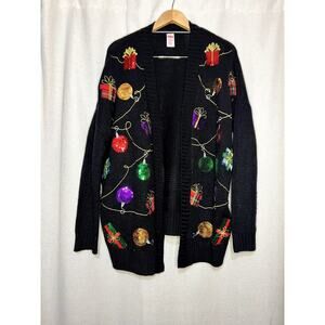 Holiday Time Black Christmas Sequin Ugly Christmas Cardigan Sweater